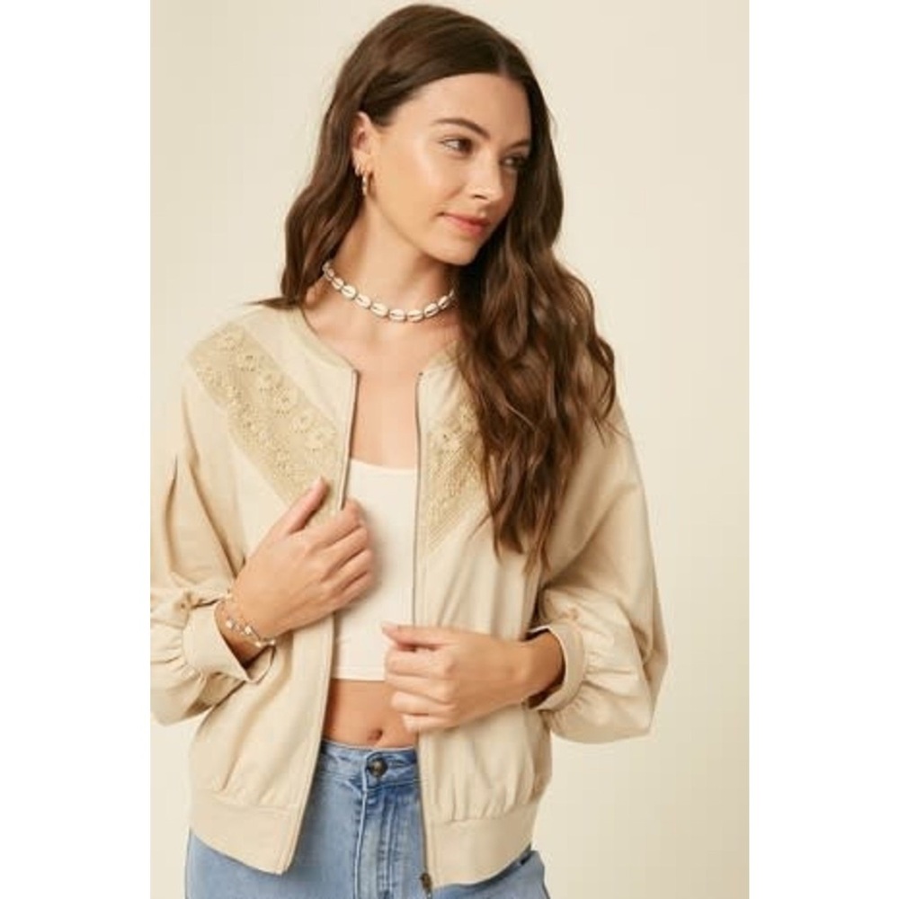 Three Bird Nest Tan Bomber Jacket with Lace Accents